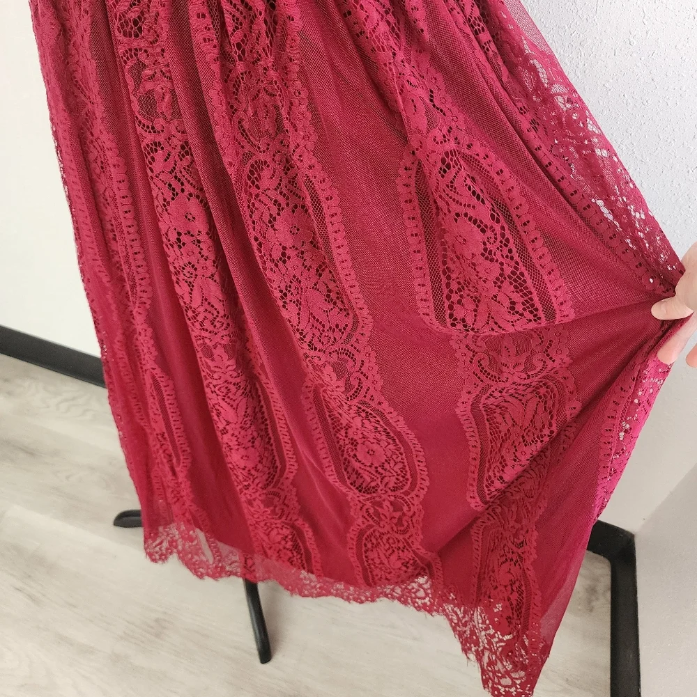 Burgundy Deep V Neck Short Sleeve Lace Maxi Holiday Dress Sz XL - Picture 4 of 7